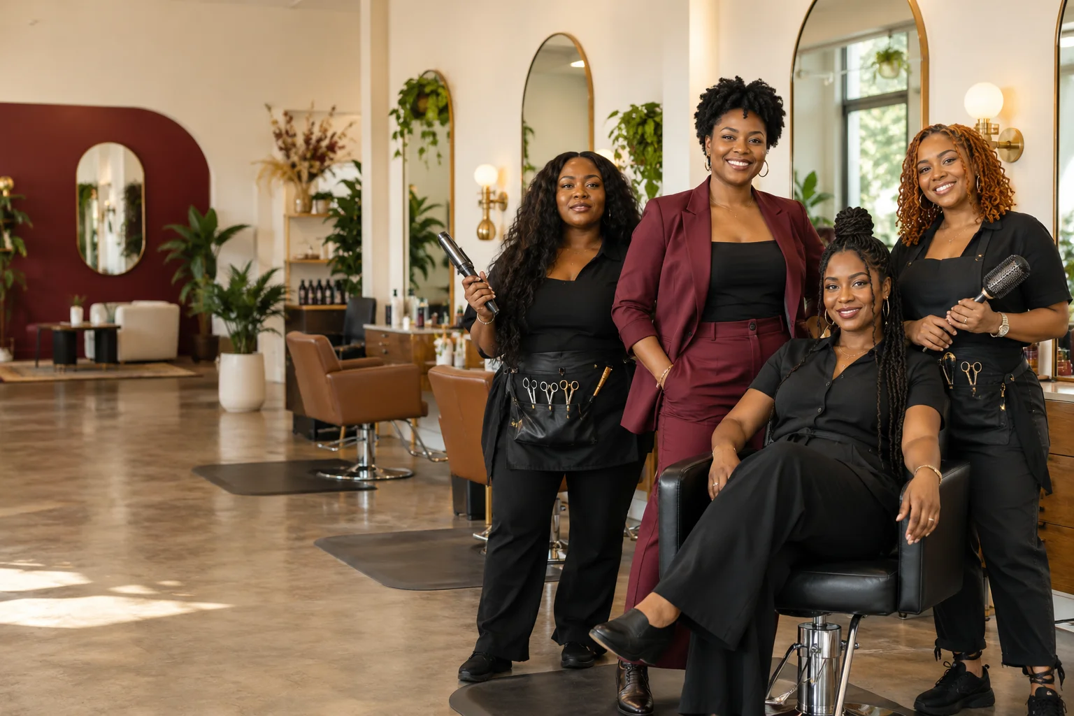 Illustrative Black-owned salon team in an airy contemporary salon
