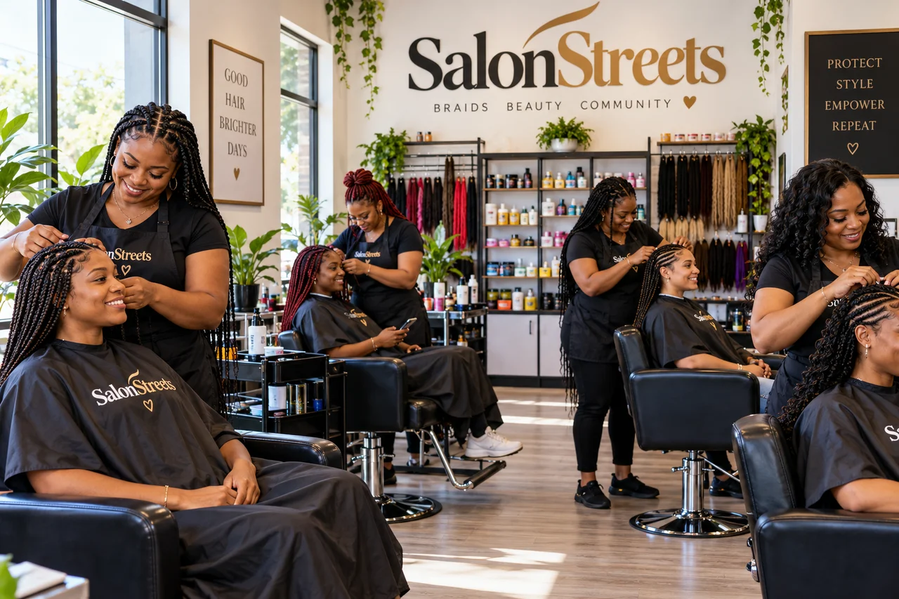 Braiding Interior — AI-generated SalonStreets illustration